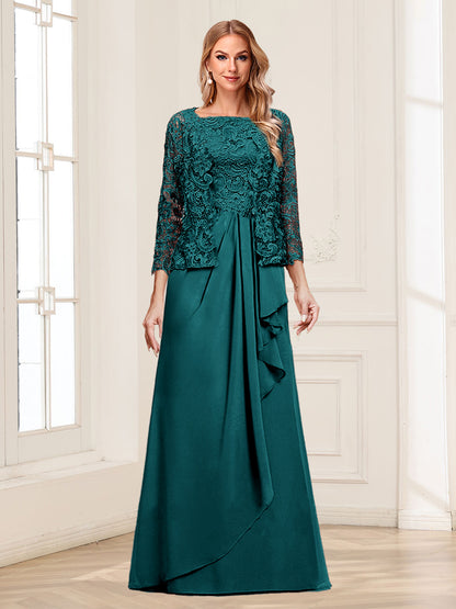 Robe Mère de la Mariée 2 Pièces en Mousseline de Soie et Dentelle, Col Carré, Manches 3/4 avec Appliques et Veste