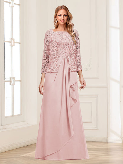 Robe Mère de la Mariée 2 Pièces en Mousseline de Soie et Dentelle, Col Carré, Manches 3/4 avec Appliques et Veste