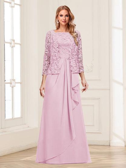 Robe Mère de la Mariée 2 Pièces en Mousseline de Soie et Dentelle, Col Carré, Manches 3/4 avec Appliques et Veste