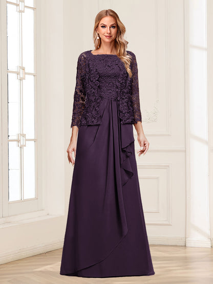 Robe Mère de la Mariée 2 Pièces en Mousseline de Soie et Dentelle, Col Carré, Manches 3/4 avec Appliques et Veste