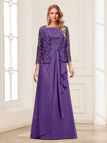 Robe Mère de la Mariée 2 Pièces en Mousseline de Soie et Dentelle, Col Carré, Manches 3/4 avec Appliques et Veste