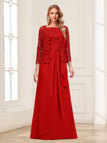 Robe Mère de la Mariée 2 Pièces en Mousseline de Soie et Dentelle, Col Carré, Manches 3/4 avec Appliques et Veste