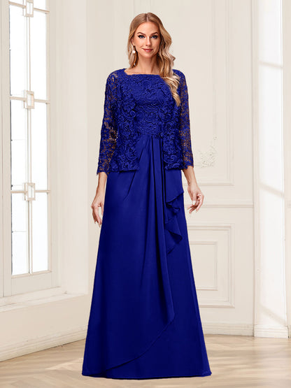 Robe Mère de la Mariée 2 Pièces en Mousseline de Soie et Dentelle, Col Carré, Manches 3/4 avec Appliques et Veste