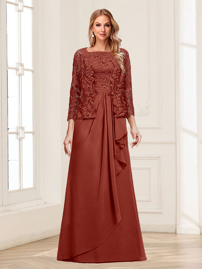 Robe Mère de la Mariée 2 Pièces en Mousseline de Soie et Dentelle, Col Carré, Manches 3/4 avec Appliques et Veste