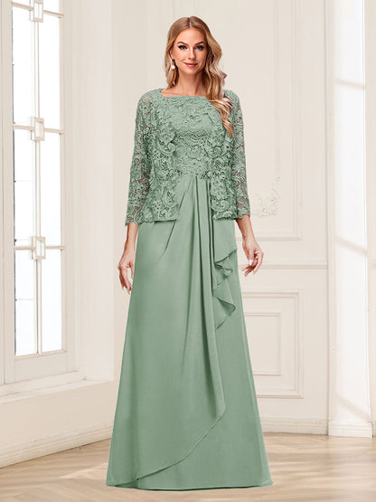 Robe Mère de la Mariée 2 Pièces en Mousseline de Soie et Dentelle, Col Carré, Manches 3/4 avec Appliques et Veste