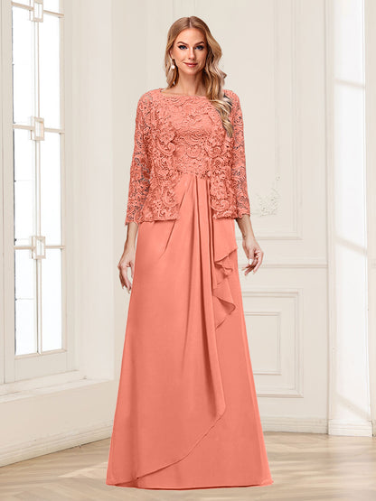 Robe Mère de la Mariée 2 Pièces en Mousseline de Soie et Dentelle, Col Carré, Manches 3/4 avec Appliques et Veste