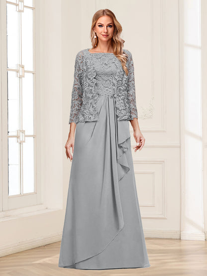 Robe Mère de la Mariée 2 Pièces en Mousseline de Soie et Dentelle, Col Carré, Manches 3/4 avec Appliques et Veste