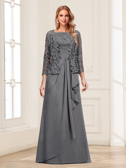 Robe Mère de la Mariée 2 Pièces en Mousseline de Soie et Dentelle, Col Carré, Manches 3/4 avec Appliques et Veste