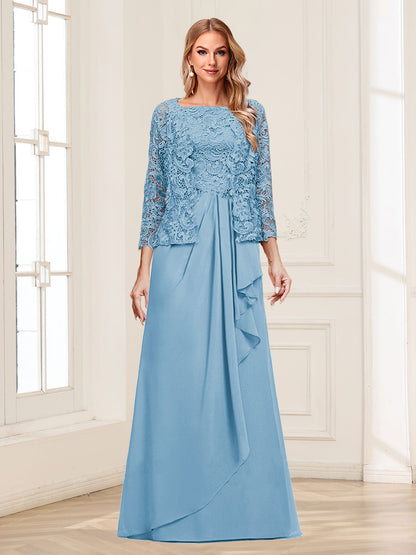 Robe Mère de la Mariée 2 Pièces en Mousseline de Soie et Dentelle, Col Carré, Manches 3/4 avec Appliques et Veste