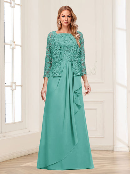 Robe Mère de la Mariée 2 Pièces en Mousseline de Soie et Dentelle, Col Carré, Manches 3/4 avec Appliques et Veste