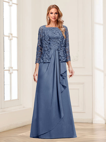 Robe Mère de la Mariée 2 Pièces en Mousseline de Soie et Dentelle, Col Carré, Manches 3/4 avec Appliques et Veste