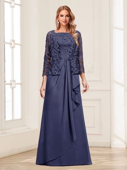 Robe Mère de la Mariée 2 Pièces en Mousseline de Soie et Dentelle, Col Carré, Manches 3/4 avec Appliques et Veste
