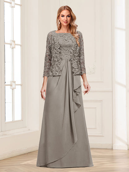 Robe Mère de la Mariée 2 Pièces en Mousseline de Soie et Dentelle, Col Carré, Manches 3/4 avec Appliques et Veste