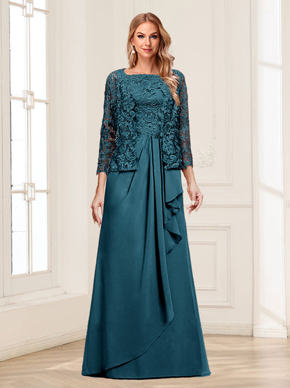 Robe Mère de la Mariée 2 Pièces en Mousseline de Soie et Dentelle, Col Carré, Manches 3/4 avec Appliques et Veste