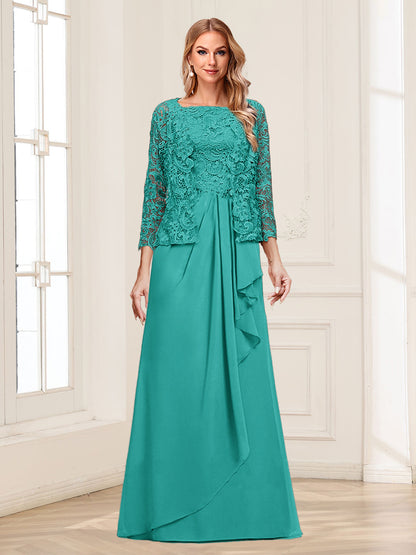 Robe Mère de la Mariée 2 Pièces en Mousseline de Soie et Dentelle, Col Carré, Manches 3/4 avec Appliques et Veste