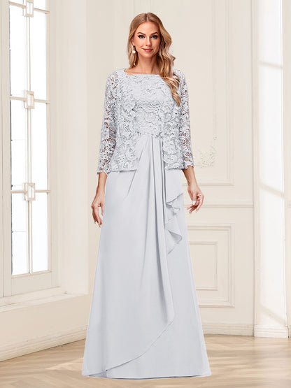 Robe Mère de la Mariée 2 Pièces en Mousseline de Soie et Dentelle, Col Carré, Manches 3/4 avec Appliques et Veste