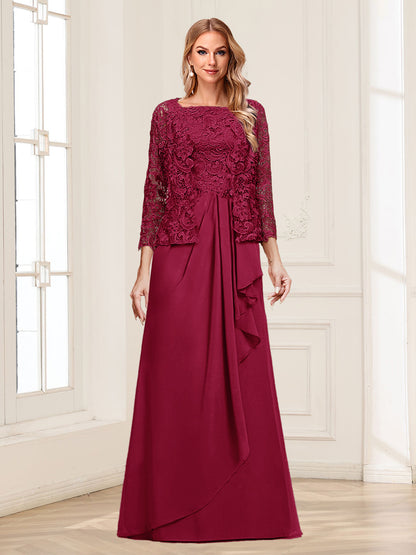 Robe Mère de la Mariée 2 Pièces en Mousseline de Soie et Dentelle, Col Carré, Manches 3/4 avec Appliques et Veste