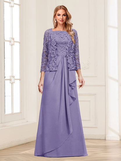 Robe Mère de la Mariée 2 Pièces en Mousseline de Soie et Dentelle, Col Carré, Manches 3/4 avec Appliques et Veste