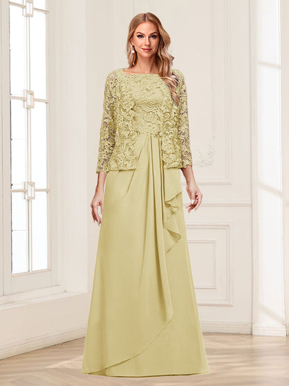 Robe Mère de la Mariée 2 Pièces en Mousseline de Soie et Dentelle, Col Carré, Manches 3/4 avec Appliques et Veste