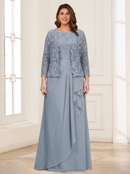 Robe 2 pièces de la mère de la mariée grande taille en mousseline et dentelle, col carré, manches 3/4, appliqués avec veste