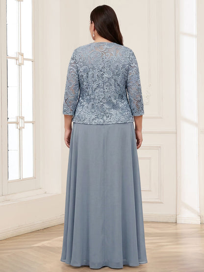Robe 2 pièces de la mère de la mariée grande taille en mousseline et dentelle, col carré, manches 3/4, appliqués avec veste