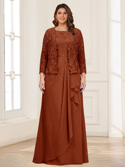 Robe 2 pièces de la mère de la mariée grande taille en mousseline et dentelle, col carré, manches 3/4, appliqués avec veste