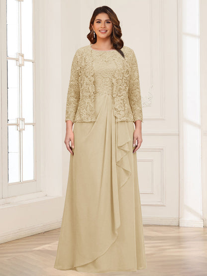 Robe 2 pièces de la mère de la mariée grande taille en mousseline et dentelle, col carré, manches 3/4, appliqués avec veste