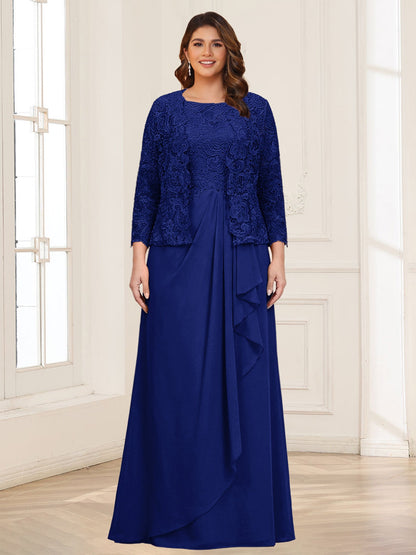 Robe 2 pièces de la mère de la mariée grande taille en mousseline et dentelle, col carré, manches 3/4, appliqués avec veste