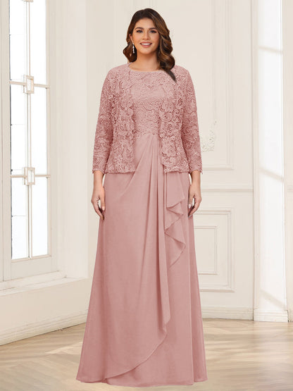 Robe 2 pièces de la mère de la mariée grande taille en mousseline et dentelle, col carré, manches 3/4, appliqués avec veste