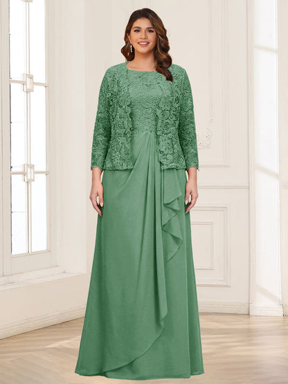 Robe 2 pièces de la mère de la mariée grande taille en mousseline et dentelle, col carré, manches 3/4, appliqués avec veste