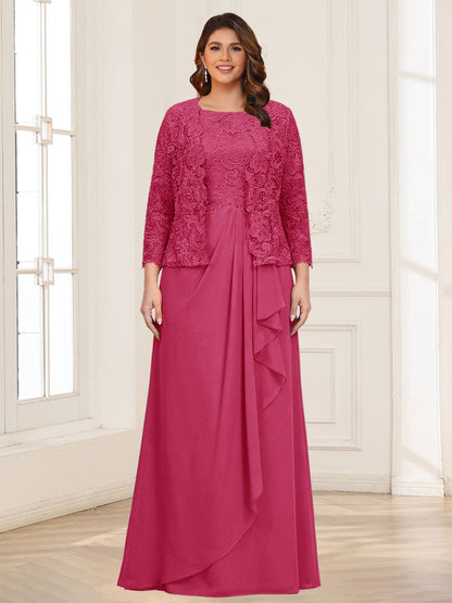 Robe 2 pièces de la mère de la mariée grande taille en mousseline et dentelle, col carré, manches 3/4, appliqués avec veste