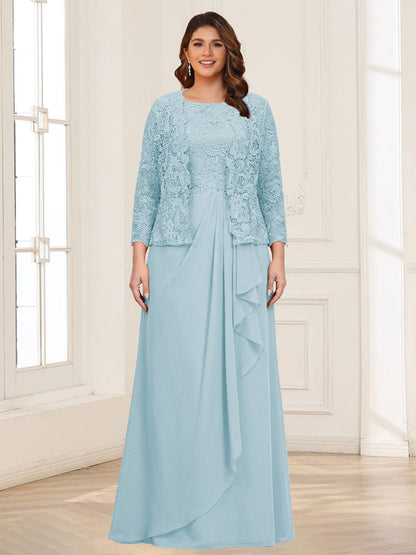 Robe 2 pièces de la mère de la mariée grande taille en mousseline et dentelle, col carré, manches 3/4, appliqués avec veste