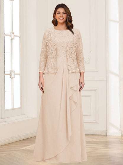 Robe 2 pièces de la mère de la mariée grande taille en mousseline et dentelle, col carré, manches 3/4, appliqués avec veste