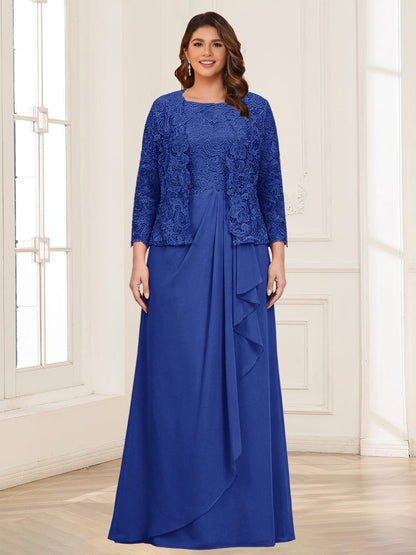 Robe 2 pièces de la mère de la mariée grande taille en mousseline et dentelle, col carré, manches 3/4, appliqués avec veste