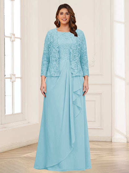 Robe 2 pièces de la mère de la mariée grande taille en mousseline et dentelle, col carré, manches 3/4, appliqués avec veste