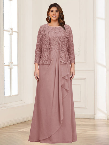 Robe 2 pièces de la mère de la mariée grande taille en mousseline et dentelle, col carré, manches 3/4, appliqués avec veste