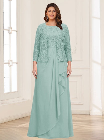 Robe 2 pièces de la mère de la mariée grande taille en mousseline et dentelle, col carré, manches 3/4, appliqués avec veste