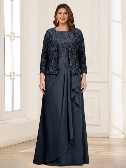 Robe 2 pièces de la mère de la mariée grande taille en mousseline et dentelle, col carré, manches 3/4, appliqués avec veste