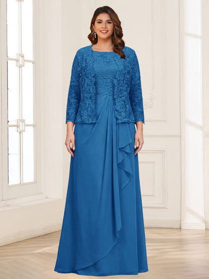Robe 2 pièces de la mère de la mariée grande taille en mousseline et dentelle, col carré, manches 3/4, appliqués avec veste