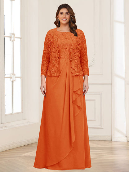 Robe 2 pièces de la mère de la mariée grande taille en mousseline et dentelle, col carré, manches 3/4, appliqués avec veste
