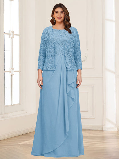 Robe 2 pièces de la mère de la mariée grande taille en mousseline et dentelle, col carré, manches 3/4, appliqués avec veste