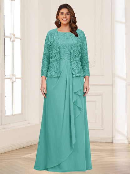 Robe 2 pièces de la mère de la mariée grande taille en mousseline et dentelle, col carré, manches 3/4, appliqués avec veste