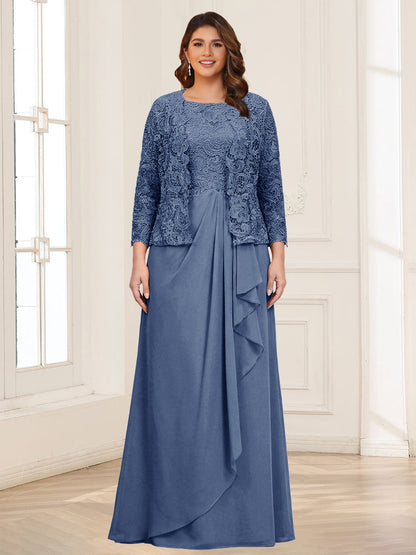 Robe 2 pièces de la mère de la mariée grande taille en mousseline et dentelle, col carré, manches 3/4, appliqués avec veste