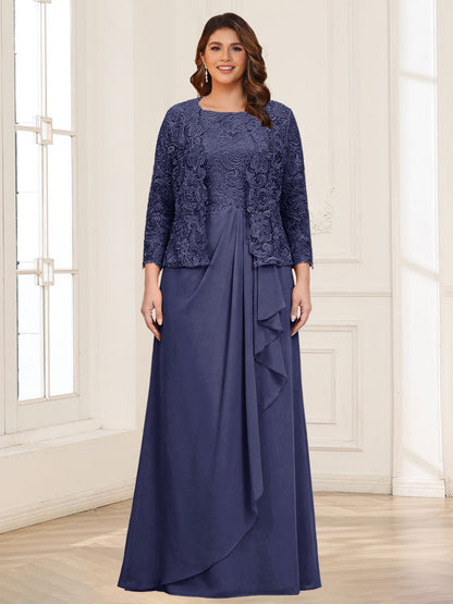 Robe 2 pièces de la mère de la mariée grande taille en mousseline et dentelle, col carré, manches 3/4, appliqués avec veste
