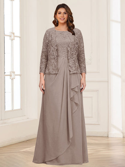 Robe 2 pièces de la mère de la mariée grande taille en mousseline et dentelle, col carré, manches 3/4, appliqués avec veste