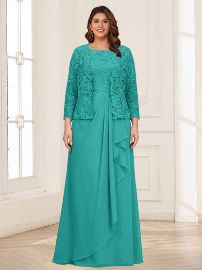 Robe 2 pièces de la mère de la mariée grande taille en mousseline et dentelle, col carré, manches 3/4, appliqués avec veste