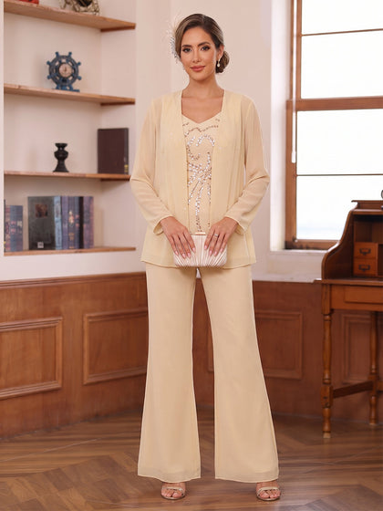 Tailleurs-pantalons 3 Pièces Col en V Manches Longues Longueur du sol Robes Mère de la Mariée avec Paillettes & Veste