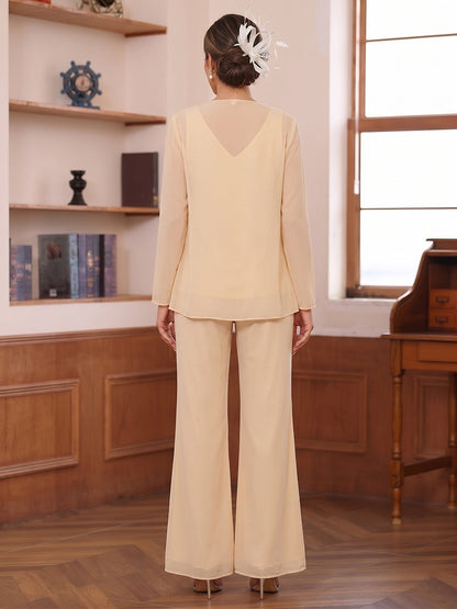 Tailleurs-pantalons 3 Pièces Col en V Manches Longues Longueur du sol Robes Mère de la Mariée avec Paillettes & Veste