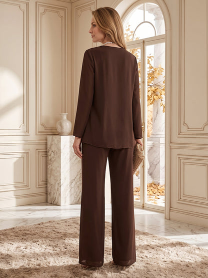 Ensembles pantalon 3 pièces en mousseline, col en V, manches longues, longueur au sol, avec sequins et veste