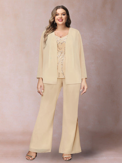 Ensemble 3 Pièces en Mousseline de Soie à Paillettes, Col en V, Manches Longues, Pantalon Grande Taille avec Veste